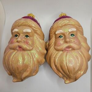 Vintage Santa Head Christmas Ornaments Pair 7" Glittered Mid Century Holiday